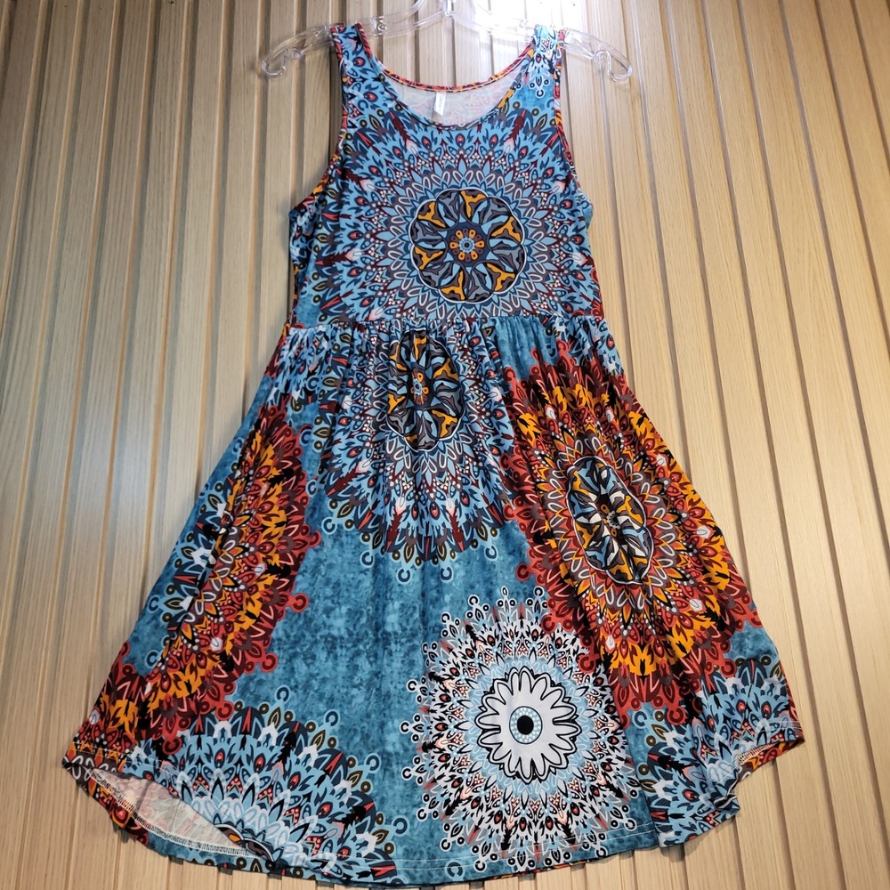 LONGYUAN Women Blue Orange Mandala Print Sleeveless Fit and Flare Mini Dress S